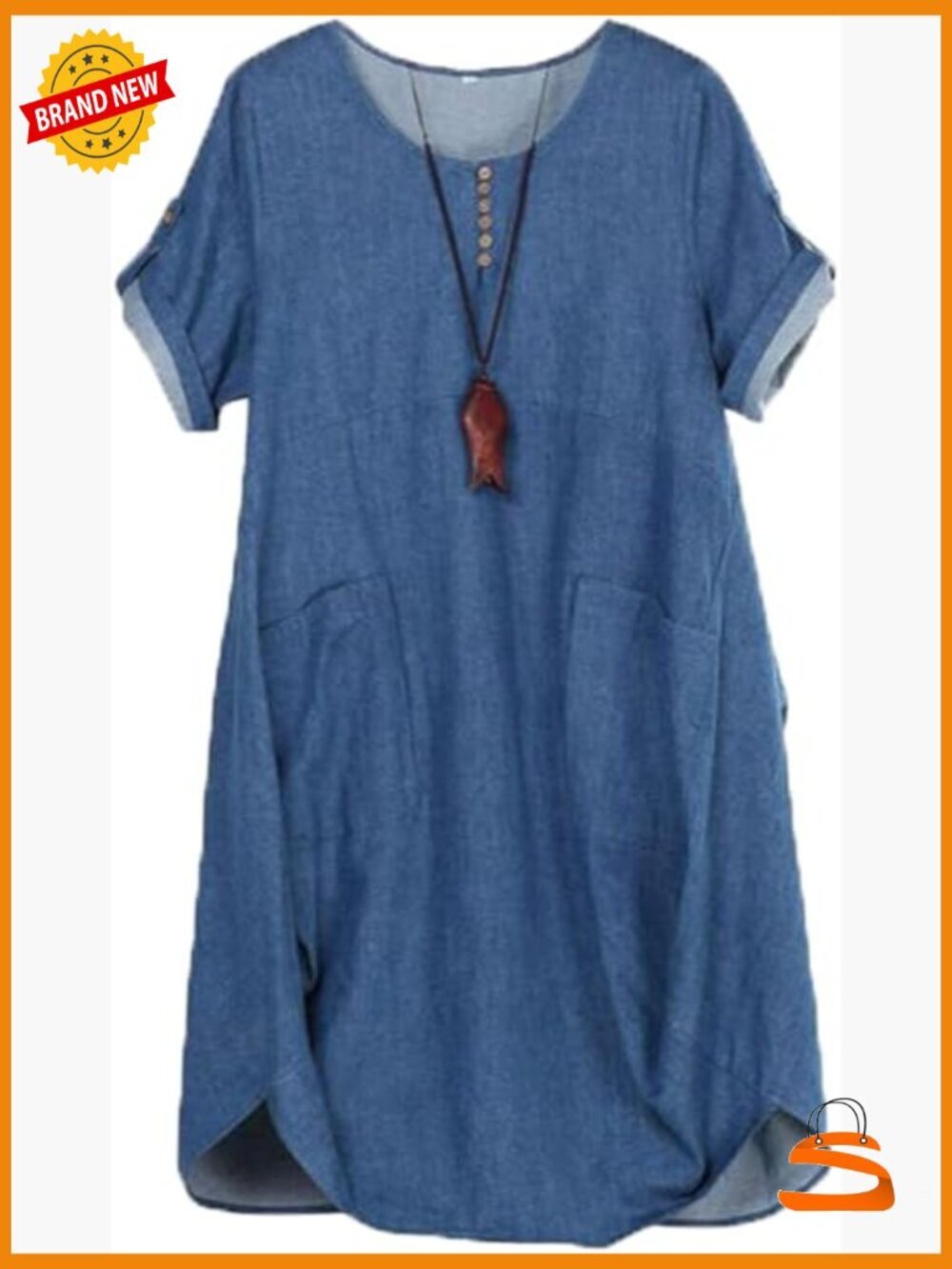 Plus Size Cotton Linen Tunic Dress Knee-Length Cargo Pockets Shift